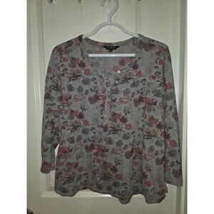 Lucky Brand Women's XL Henley Top Gray Floral 3/4 Sleeve Cotton Knit Blouse